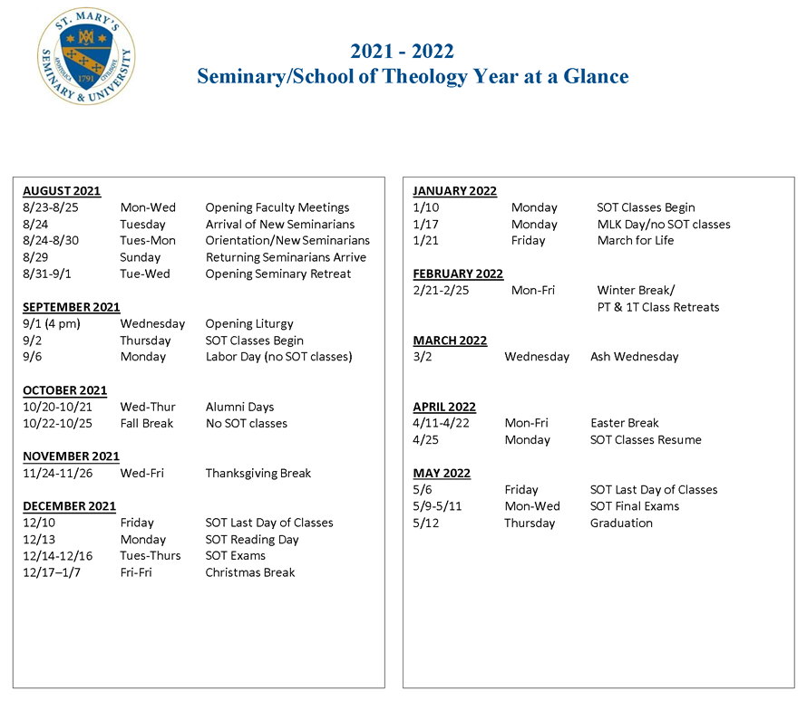 Cleveland State University Academic Calendar 2022 2023 Seminary/School Of Theology Calendar | Saint Mary's Seminary & University
